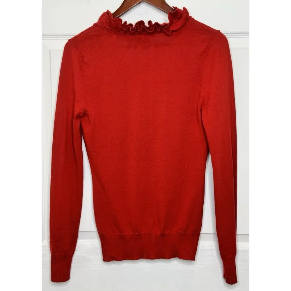 Tory Burch Red Merino Wool V-Neck Sweater Ruffle Collar Size Small